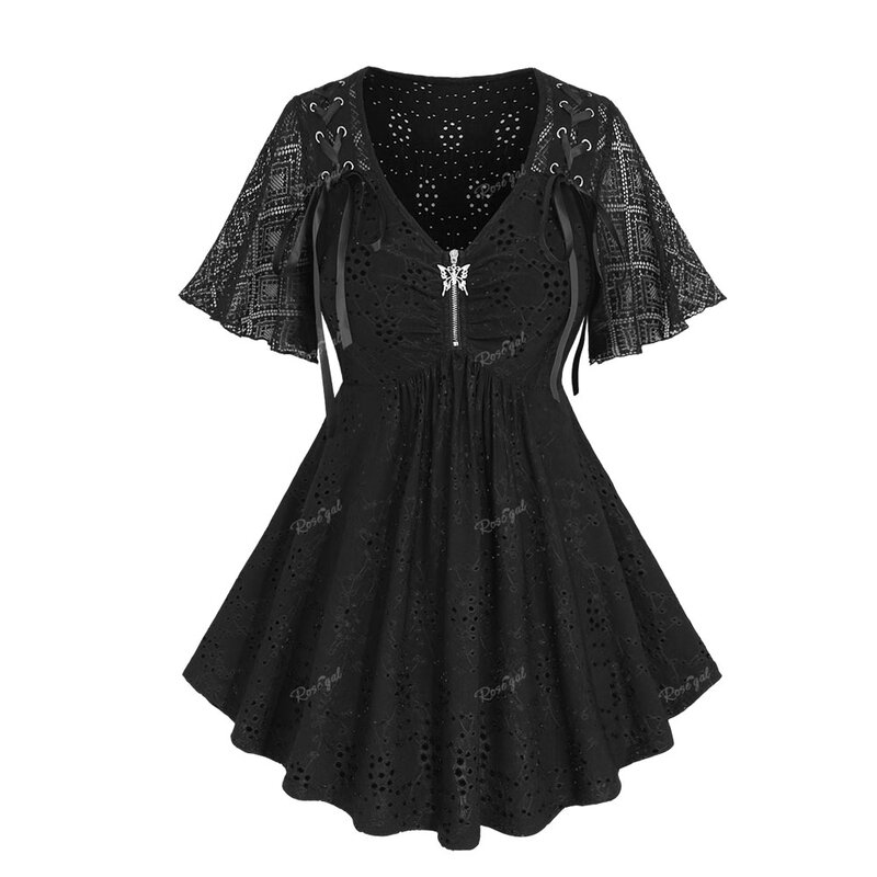 ROSEGAL Plus Size Jacquard Tops New Black Plaid Lace Flutter Sleeve Lace-up Butterfly Zipper Eyelet Hollow Out T-Shirts