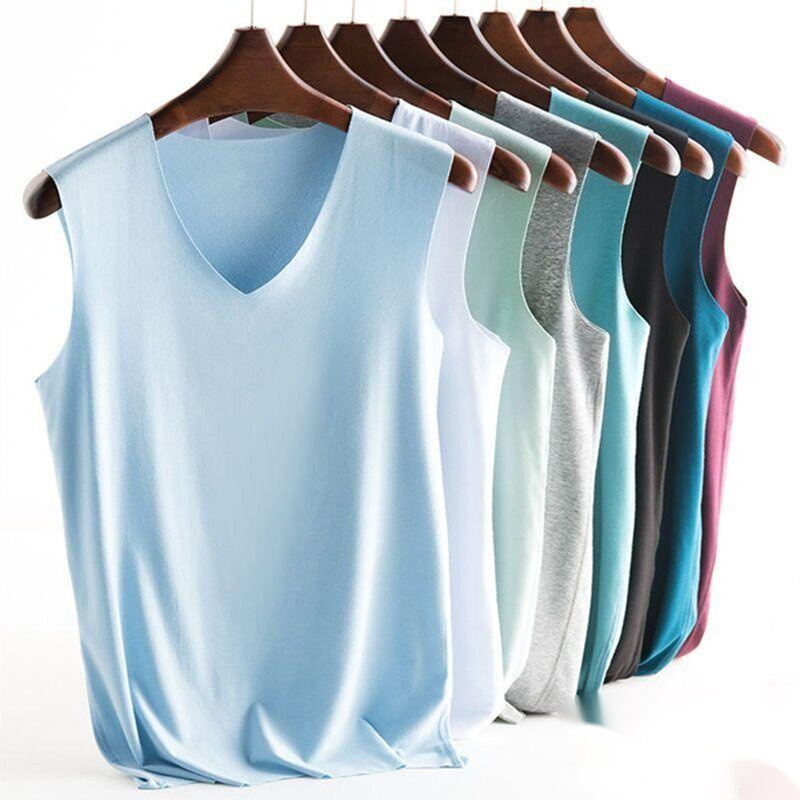 Camiseta básica de seda de hielo sin mangas para hombre, chaleco de Color sólido con cuello en V, ropa interior muscular