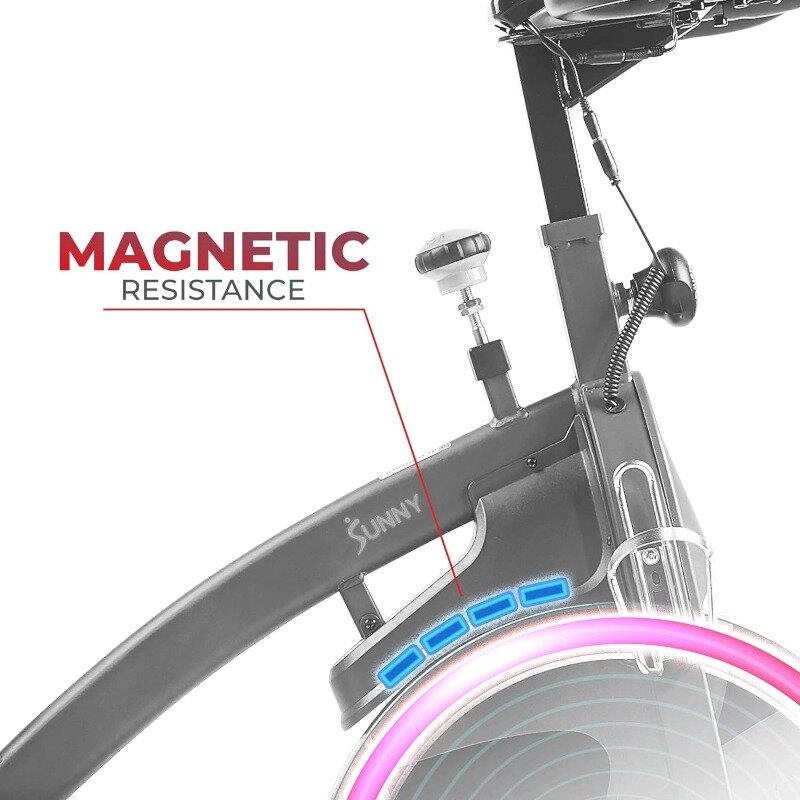 Sunny Health & Fitness bicicleta de ejercicio para ciclismo en interiores, con resistencia Magnética/fieltro y cinturón/cadena de transmisión opcional, Bluetooth