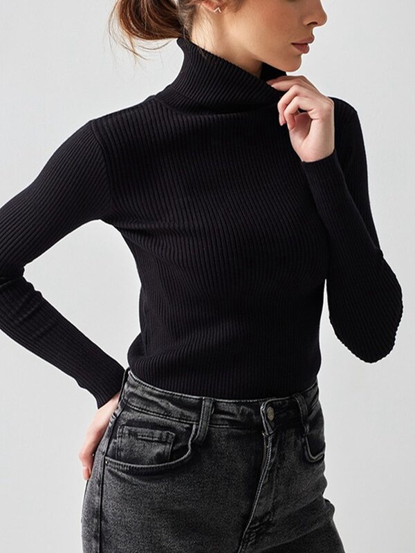 Women High Neck Ribbed Knit Sweater Long Sleeve Slim Fitted Knitted Pullover Tops  Casual Solid Color Bodycon Jumper
