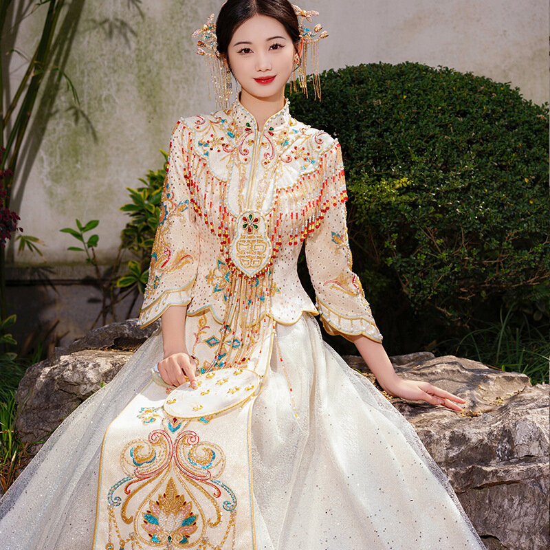 Elegant Xiuhe Bride's New Chinese Wedding Dress Dragon and Phoenix Gown Female Wedding Dress Summer Slim Toast Wedding Dress