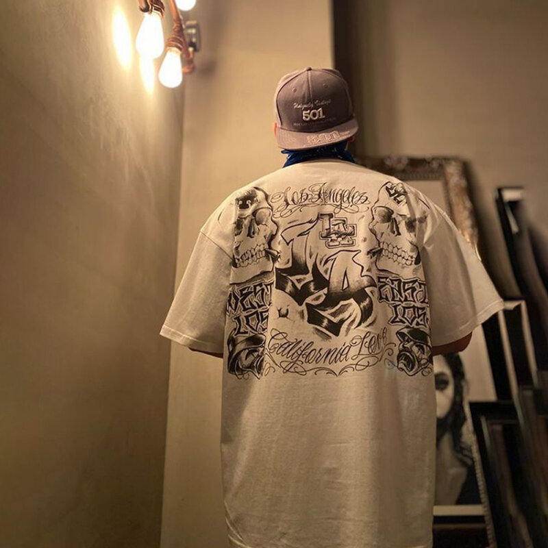 Männer T-Shirt Schädel Druck Harajuku Streetwear O-Ausschnitt Kurzarm Tops männlich Graffiti Brief Fracht Hip Hop lässig