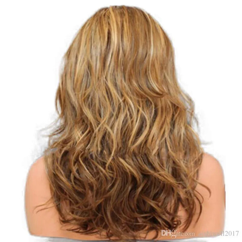 Długie faliste peruka syntetyczna Bla/brązowy/złoty kobiety o wysokiej temperaturze włosy bezklejowe na imprezę Cosplay falowe peruka z kręconych włosów 11 styl