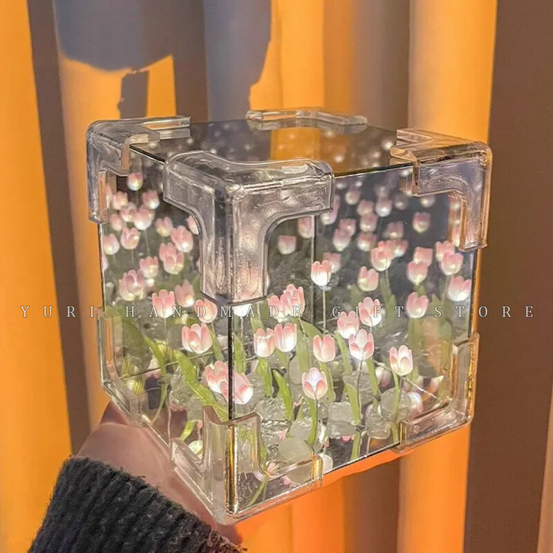 Tulip Garden Nightlight Rubik's Cube Mirror Tulip Flower Sea Handmade DIY Material Package Home Decor Birthday Gift For Girl