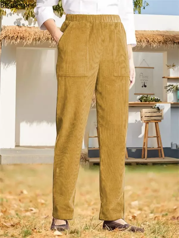 กางเกงผ้าลูกฟูกผู้หญิง, กางเกงลำลองทรงหลวมกระเป๋าโอเวอร์ไซส์กางเกงวินเทจสำหรับผู้หญิง2024ใหม่
