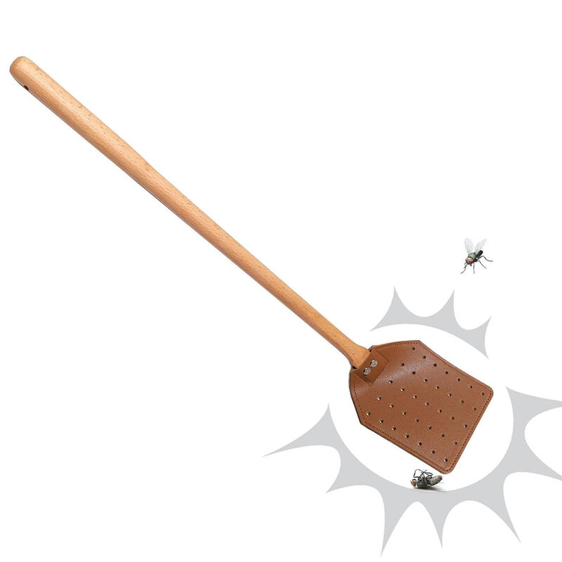 Leather Fly Swatter With 19" Long Wood Handle Sturdy Durable Flyswatter For Indoor And Outdoor Pest Control Rustic Swatter