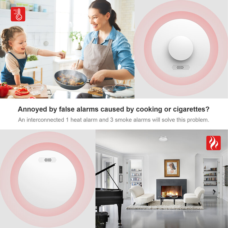 CPVAN Interconnect Smoke and Heat Alarm with Remote Control 433mHz Wireless Fire Detector 10 Years Batteries Security Protection