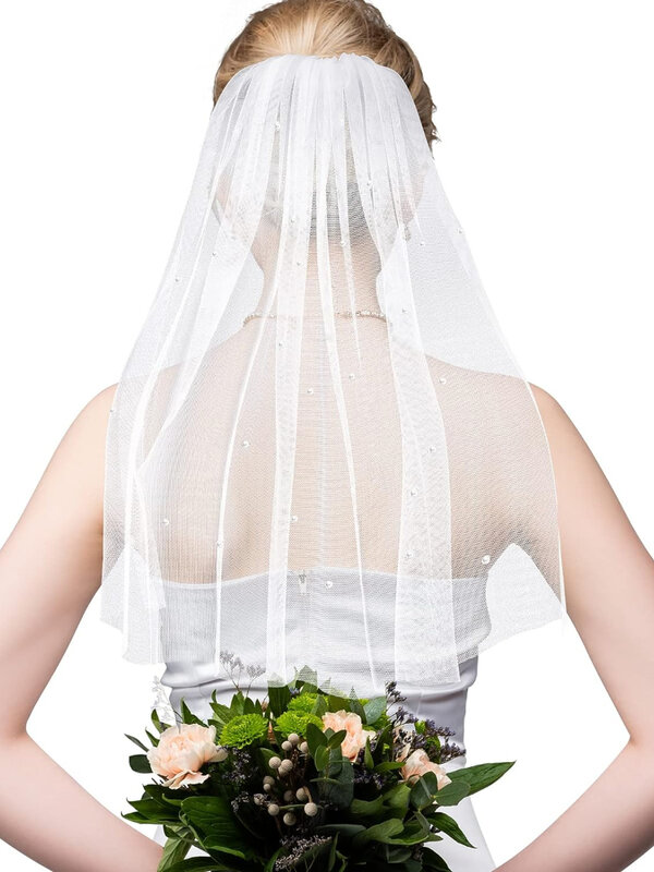 Welon ślubny z grzebieniem i perłowymi welonami ślubnymi dla narzeczonych Biały krótki welon na wieczór panieński Prezenty na wieczór panieński dla kobiet