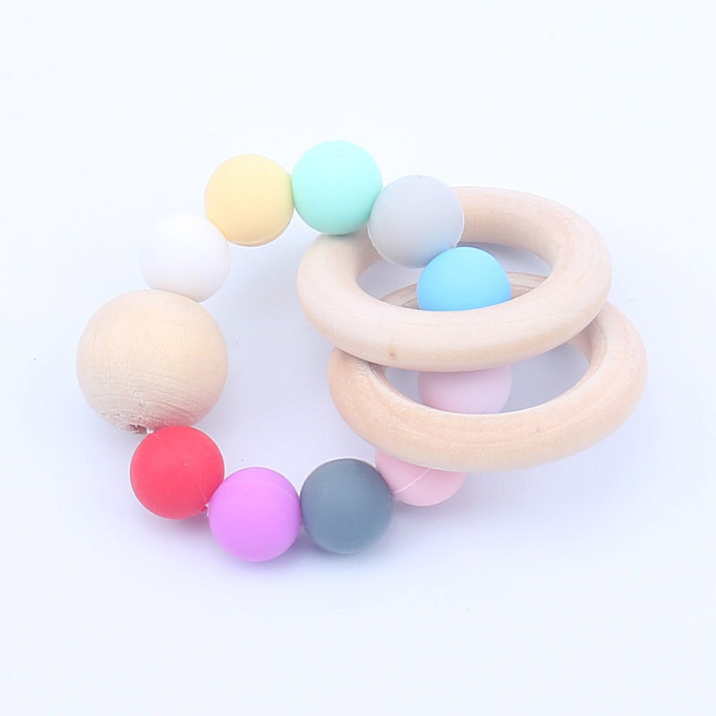 1PC Wooden Teether Silicone Beads Wood Craft Ring Engraved Bead Baby Teether Wooden Toys for Baby Tiny Rod Baby Crib Rattle
