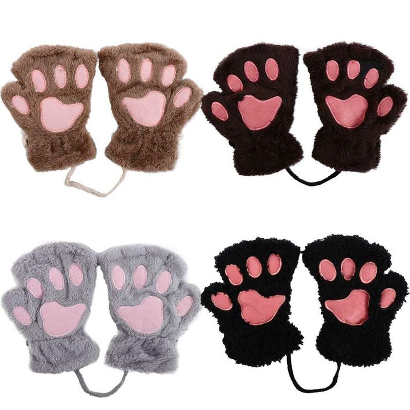 귀여운 반 플러시 솜털 고양이 발톱, 부드러운 손가락없는 곰 발, 겨울 장갑, 멀티 컬러