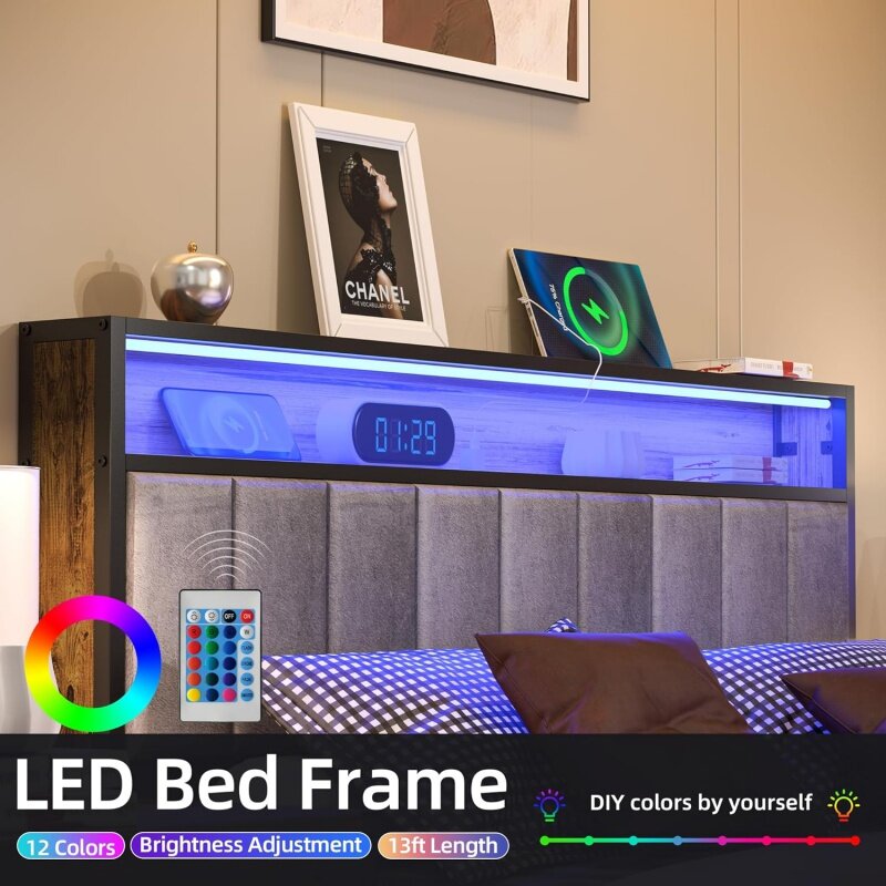 Cadre de lit Queen Size, plate-forme en métal avec rangement, panneau de sauna lumineux LED, 1 type C et 2 stations de charge USB, non