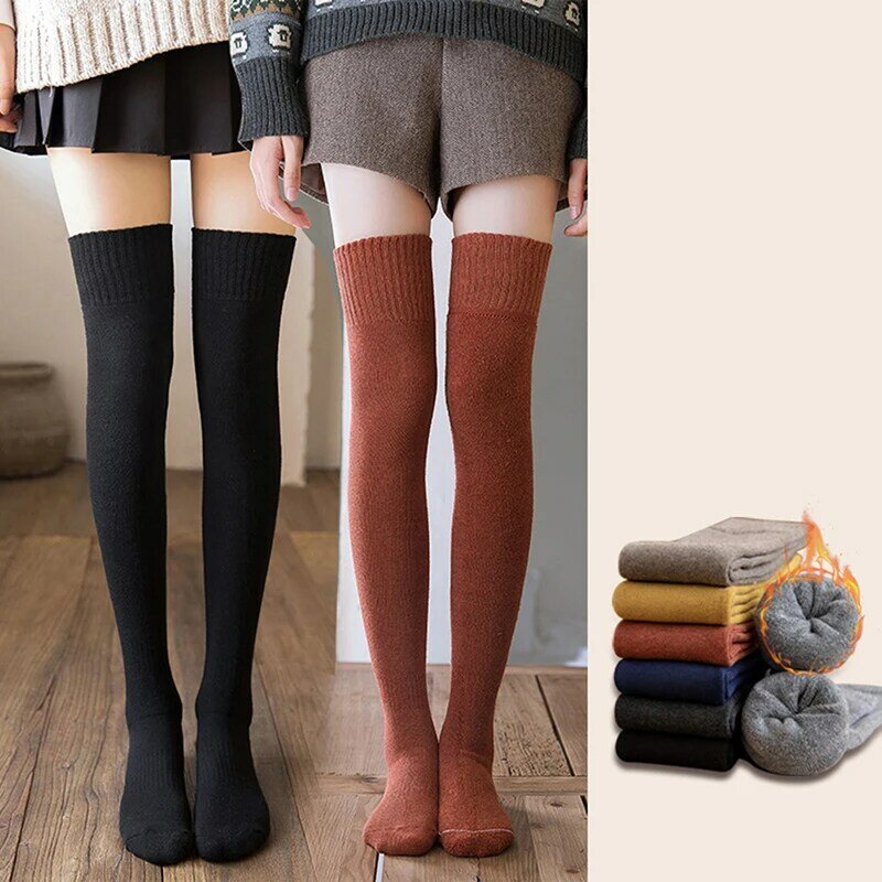 Calcetines altos hasta el muslo para mujer, medias largas de lana, cálidas, hasta la rodilla, a la moda
