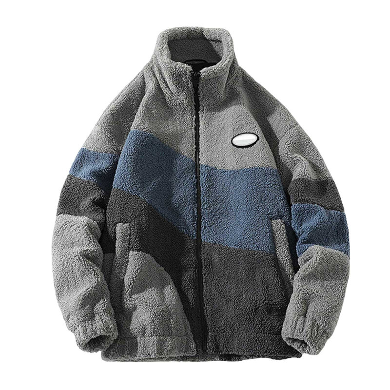 Leisure Vintage Polar Fleece Men's Jacket Oversize Contrast Color Coat Warm Male Outwear Winter Parkas Jacket Men's Clothes