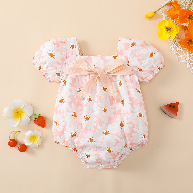 VISgogo Newborn Baby Girls Rompers Cute Summer Clothes Floral Print Bow Short Puff Sleeve Square Neck Jumpsuit 0-18M