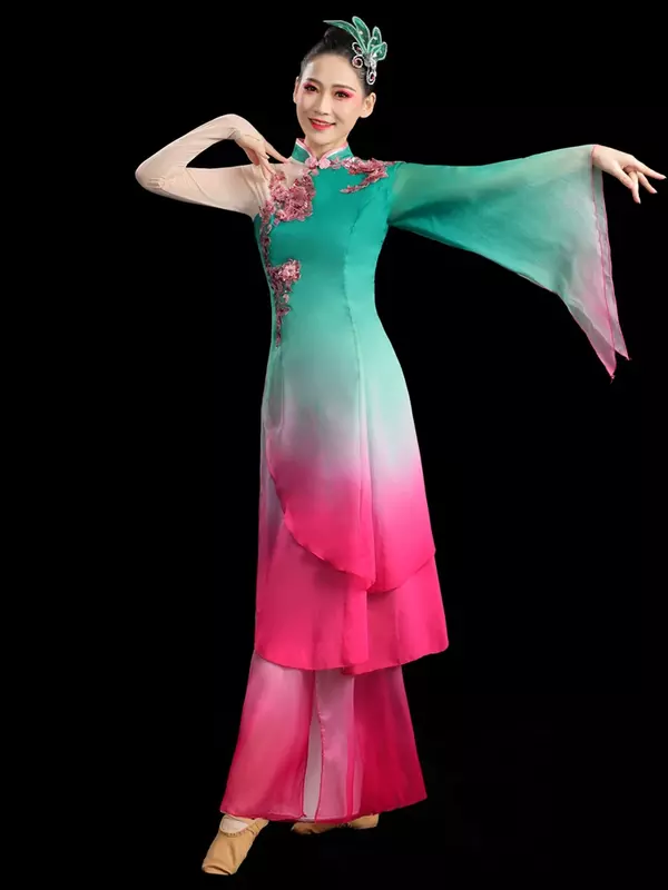 Vestiti per la pratica della danza cinese Costume da ballo classico galleggiante per le donne Fan Dance Jiaozhou Yangge Costume da spettacolo teatrale