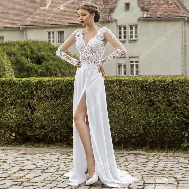 Женское свадебное платье It's yiiya, белое фатиновое платье с разрезом сбоку и длинными рукавами на лето 2019