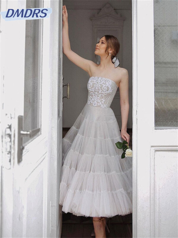 Elegancka suknia wieczorowa bez ramiączek 2024 klasyczna suknia koronka tiul bez rękawów proste suknie o długości podłogi i linii Vestidos De Novia