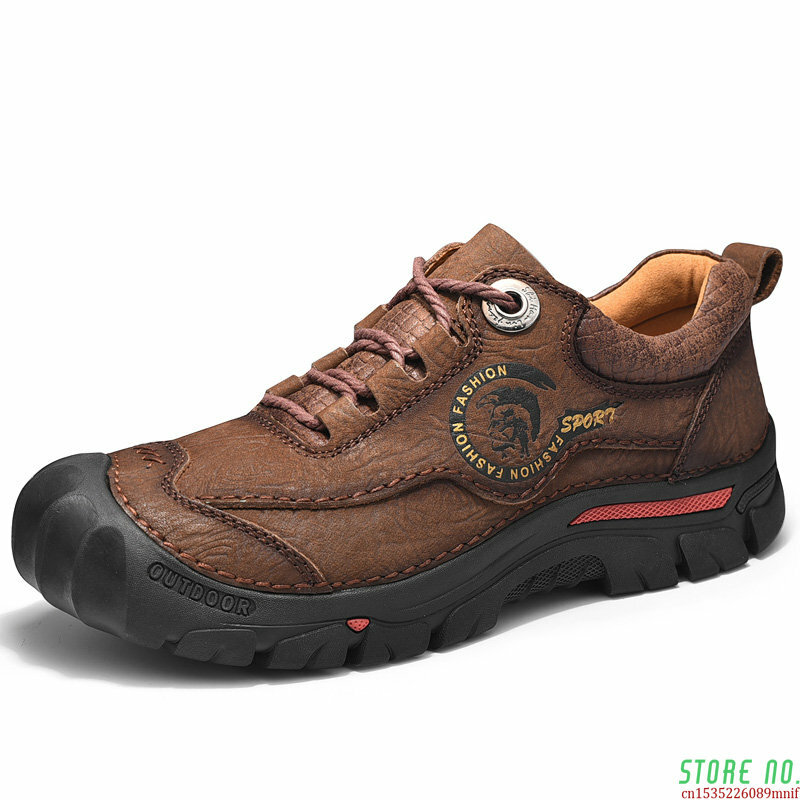 Zapatos de senderismo con plataforma de cuero genuino para hombre, zapatillas de deporte informales impermeables para exteriores, antideslizantes, suaves
