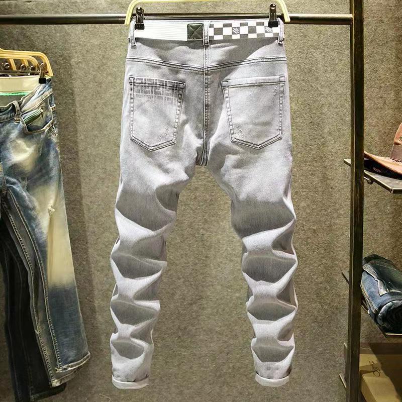 Spring Autumn Korean Harajuku Fashion Luxury Streetwear Trendy Casual Stretch Smoky Grey Printed Design Slim Denim Jeans for Men