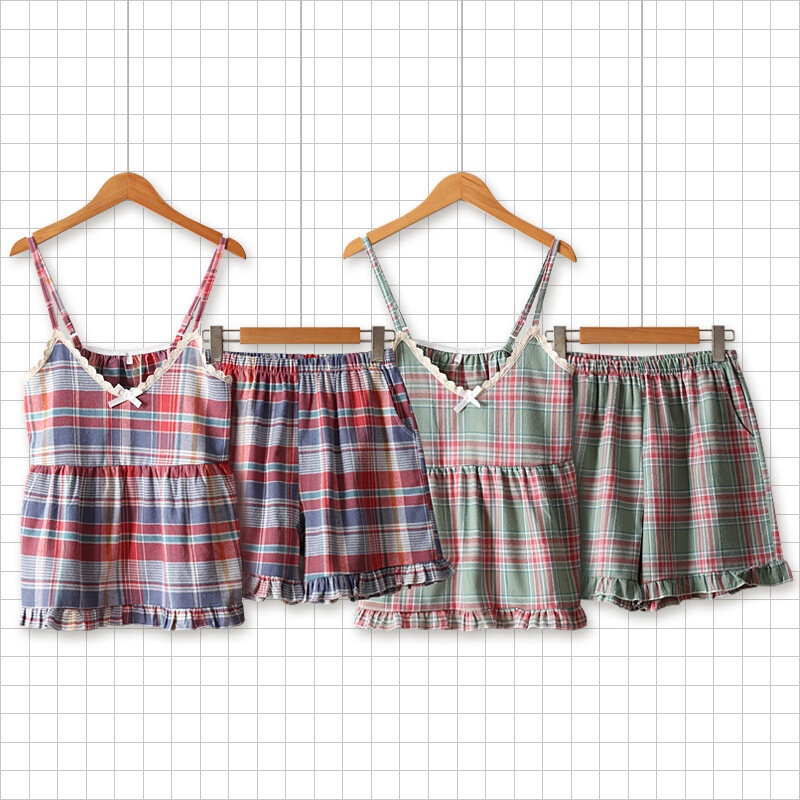 Piyama celana pendek Suspender kotak-kotak musim panas wanita Set pakaian tidur tali Spaghetti tanpa lengan segar kecil manis 2 potong