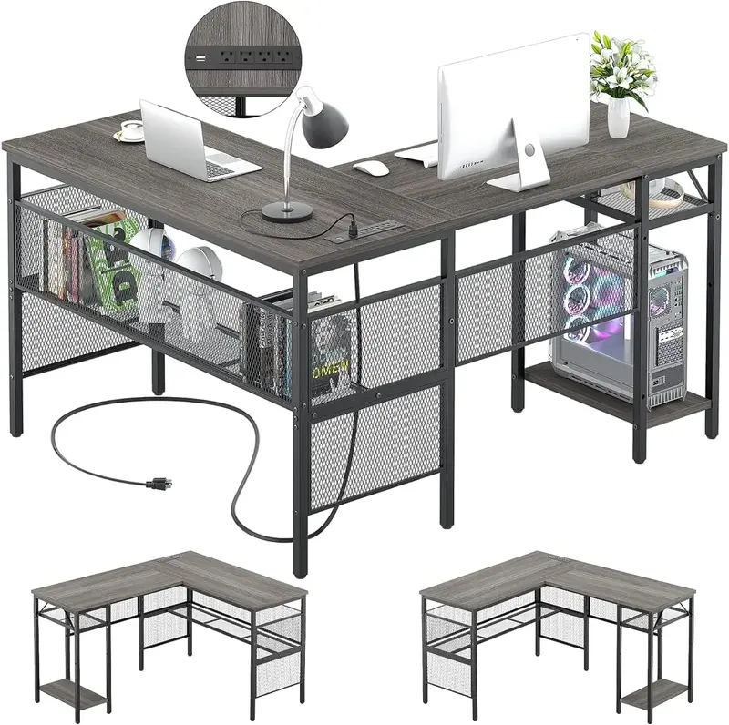 Unikito-Bureau en forme de L, bureau d'ordinateur à coins réversibles avec prise de courant et port de chargement USB, bureau en forme de L avec support