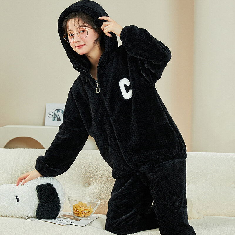 Cardigan Winter Nachtkleding Voor Vrouwen 2 Stuks Set Nachtkleding Lange Slaaptop Flanellen Pyjama Jong Meisje Warme Loungewear
