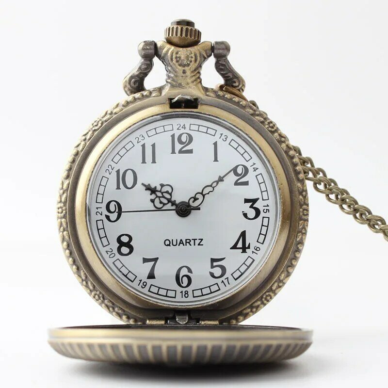 Reloj de bolsillo de cuarzo con estampado Vintage para hombres, mujeres y niños, cadena Fob, bronce, grabado láser, collar, tallado, colgante, 12