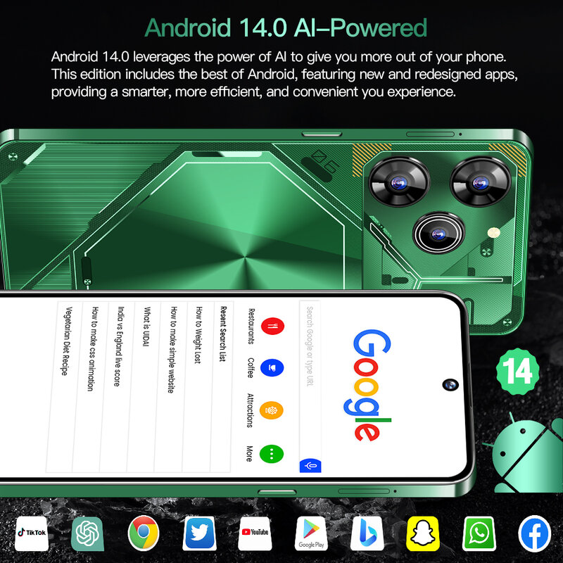 Smartphone desbloqueado Povo6 Pro, Celular Versão Global, 5G, 7.3 ", Snapdragon 8, Gen3, Android 14, 8000mAh, 16GB + 1TB, Novo