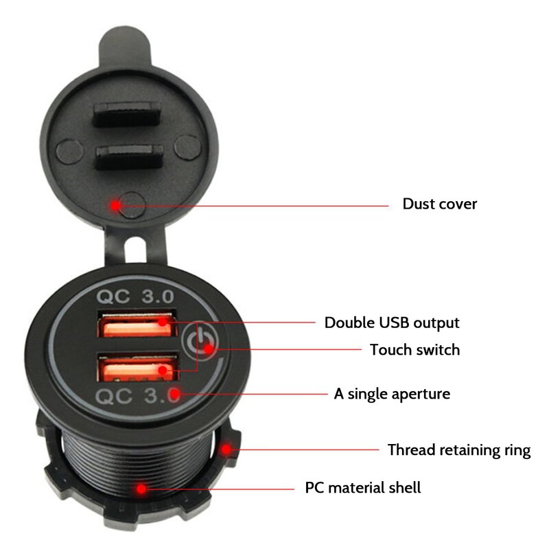 Soquete duplo do carregador do carro do usb com interruptor do toque, carga rápida, tomada de poder para a motocicleta, barco, vermelho, QC 3.0, 12V-24V