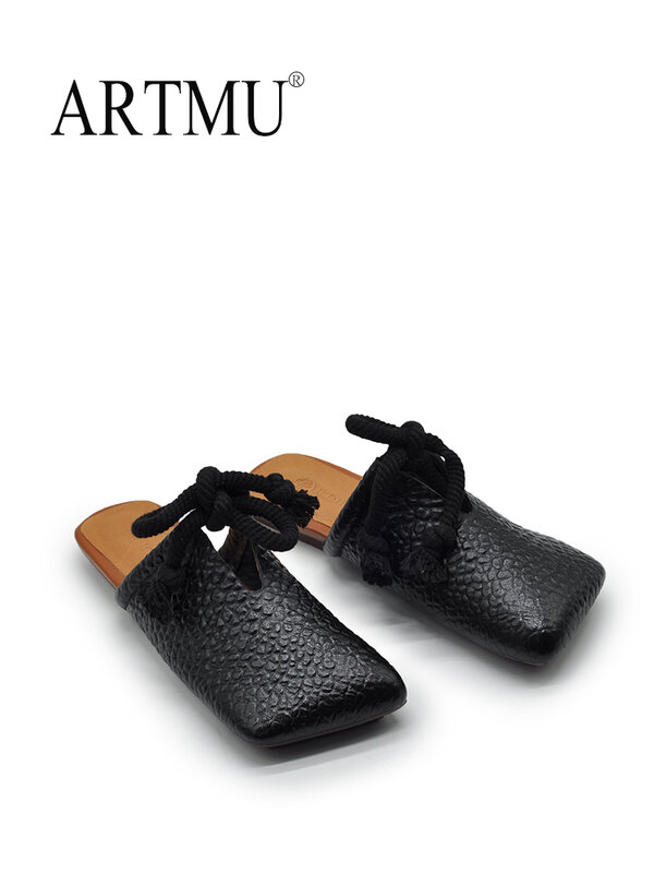 Artmu Original Retro Genuine Leather Square Toe Women Slippers 2024 New Summer Outside Wear Handmade Slippers Designer Sandals