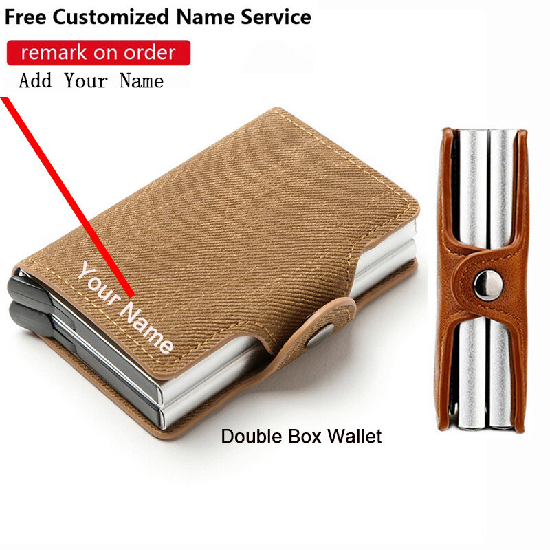 Dompet Ukiran Kustom Tempat Kartu Memblokir RFID Dompet Anti-maling Kotak Ganda Tempat Kartu Kredit Dompet Kulit Denim Tempat Kartu