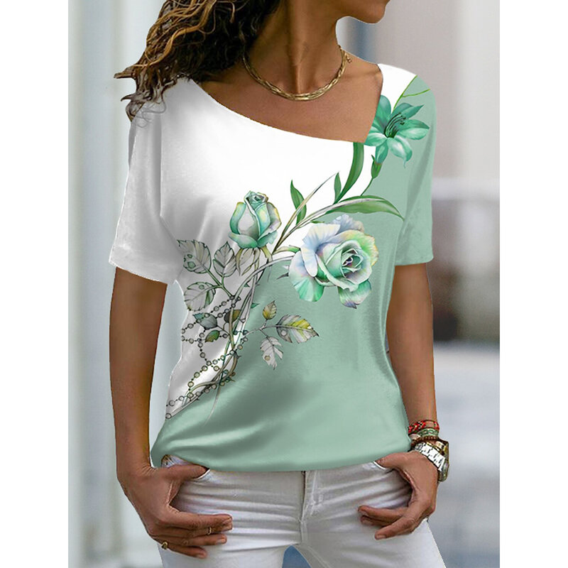 2023 Women's Floral Theme Printed Painting Tee Shirts V Neck Casual Female Daily Pullover New T Shirt Design Streetwear Summer