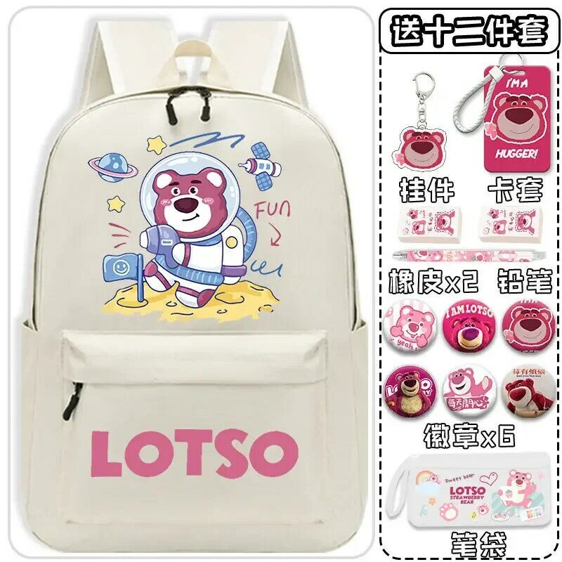 Sanrio Strawberry Bear Schoolbag dos desenhos animados, grande capacidade, mochila leve infantil, homens e mulheres estudantes, nova