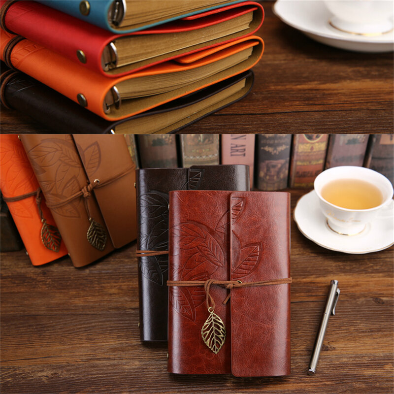 Leather Writing Journal Notebook Vintage Leaf Pendant Blank String Diary Notepad Sketchbook Retro Pendants Writing Stationery