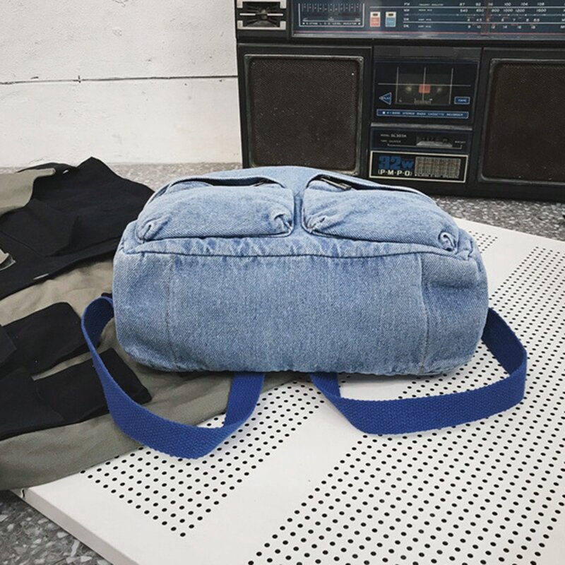 Джинсовый Рюкзак, холщовая дорожная сумка, женский модный вместительный однотонный рюкзак, школьный рюкзак на молнии для студентов-Темный