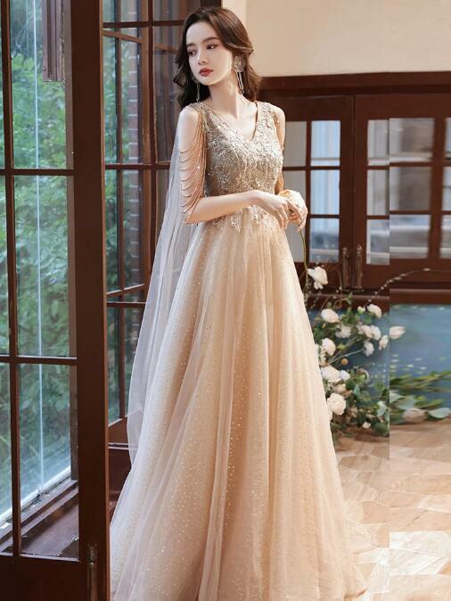 Gaun Malam Sampanye Mewah dengan Selendang Elegan Kerah V A-line Lengan Rumbai Manik-manik Renda Gaun Selebriti Prom Panjang Formal