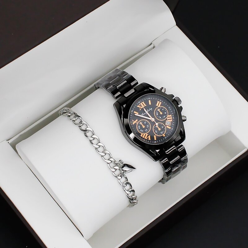4Pcs Couple Watch Set Men Black Quartz Steel Watch Luxury Mens Womens Wristwatch Relogio Feminino With Bracelet Nesklace Gifs