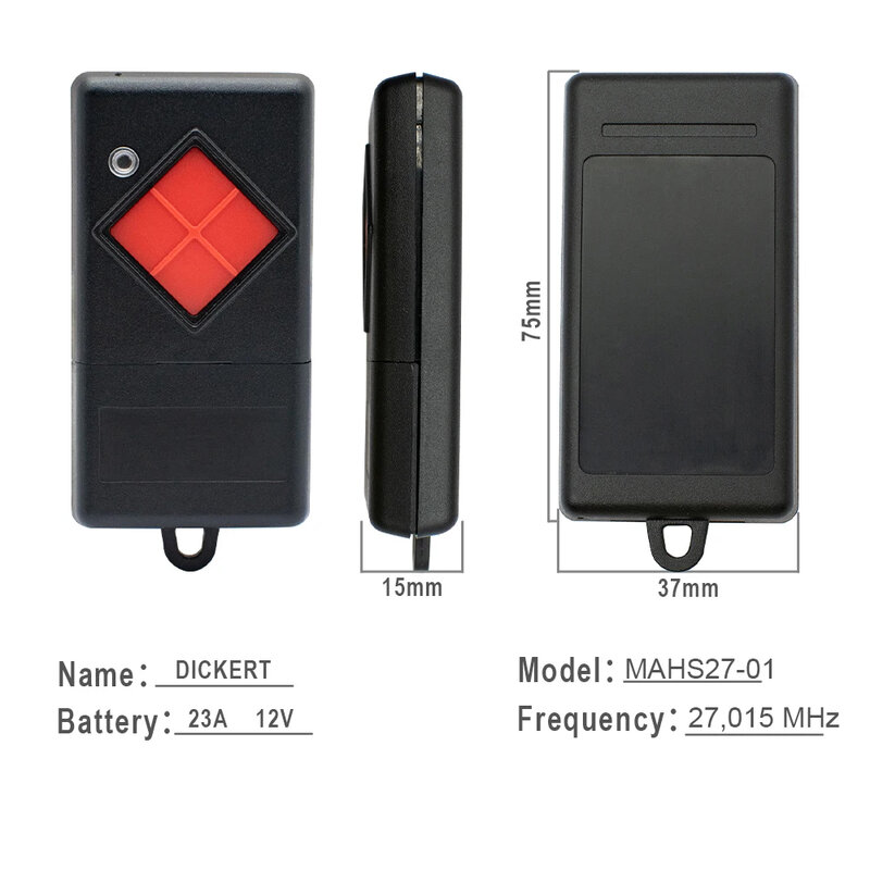 100% compatible DICKERT MAHS27-01 MAHS27-04 27.015 MHz Botón Remoto de Garaje Botón Rojo DICKERT 27MHz Transmisor de Mano