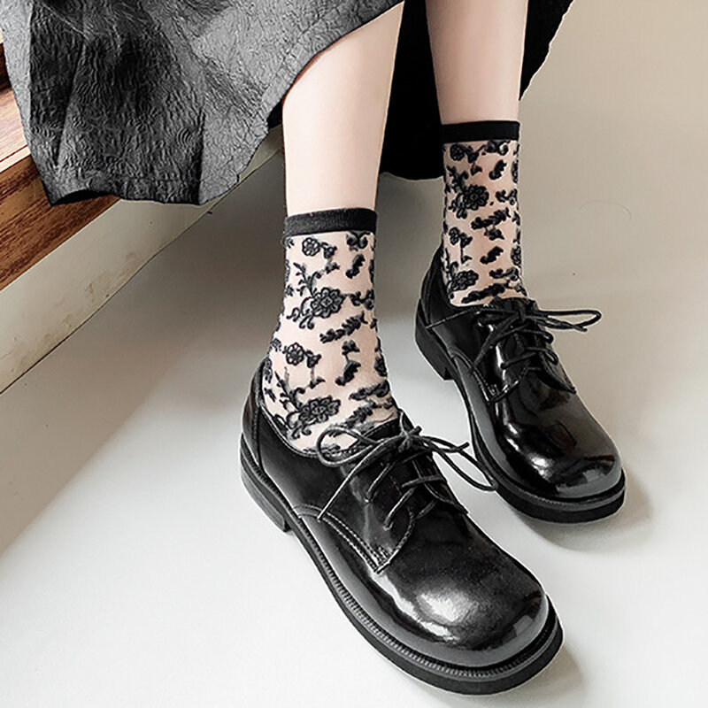 Cute Fashion Glass Silk Girl Lolita Summer Floral Print Socks Women Socks Medium Tube Socks Hosiery
