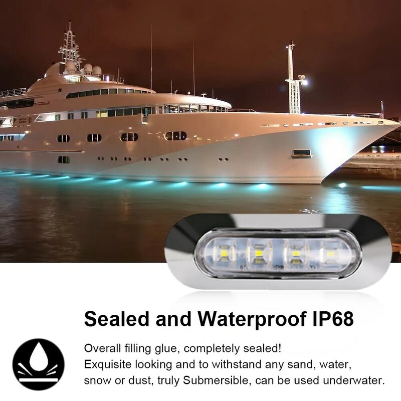 2PCS LED Marine Boat Courtesy Light 12-30V 6LED Waterproof Boat Interior Transom Light Side Marker White Light Yacht Accessory