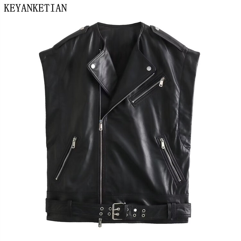 Keyanketian-سترة نسائية من الجلد الصناعي, زخرفة كتاف بحزام, غير متماثل علوي, خريف, شتاء, جديد