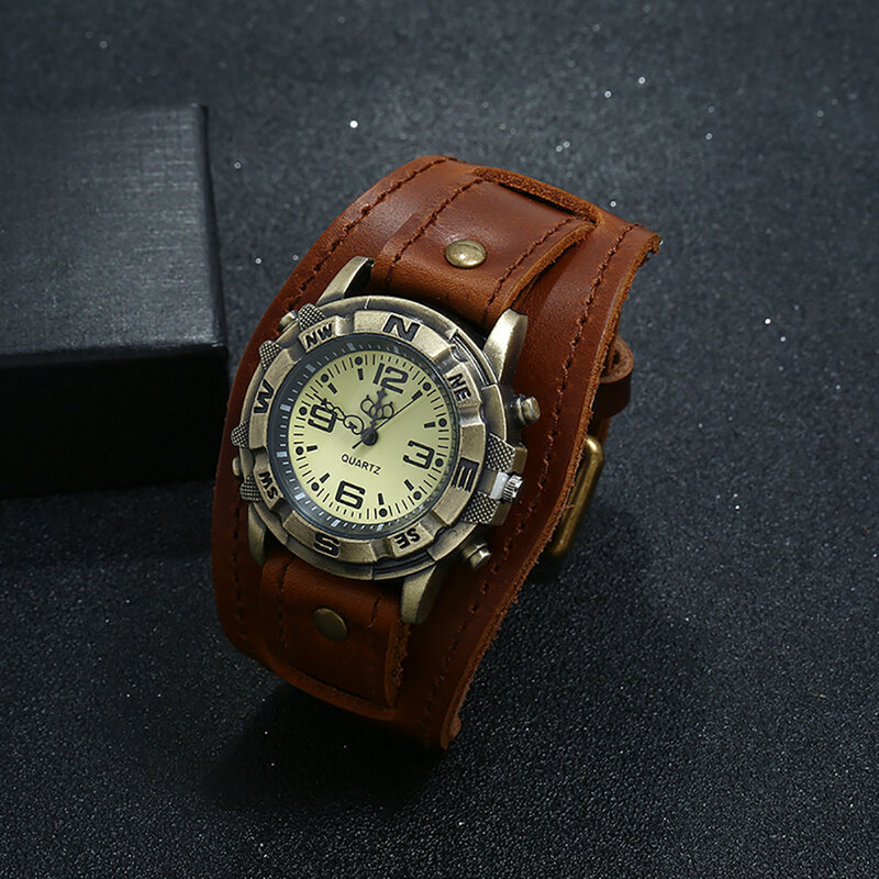 Vintage falso couro quartzo relógio para homens e mulheres, pulseira punk, relógio de pulso redondo, Erkek Saati