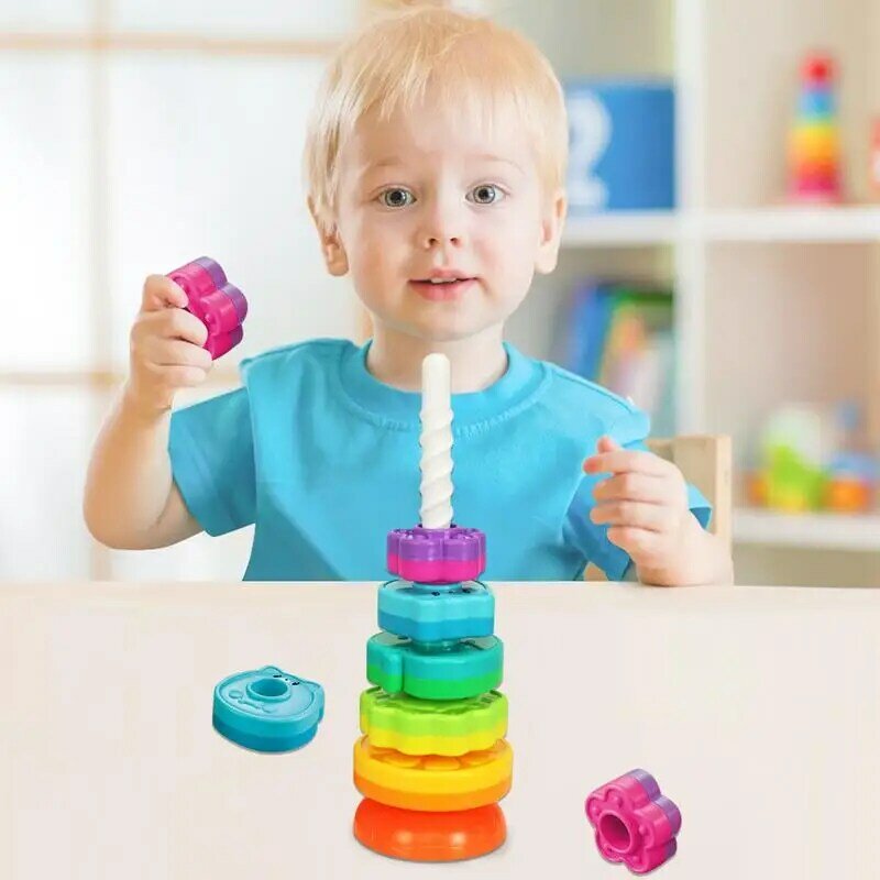 Spinning Stack Toy Rainbow Spin Tower Spinning Toy Ring Stacker 1 2 3 anni Girl Boy regali di compleanno di natale Montessori