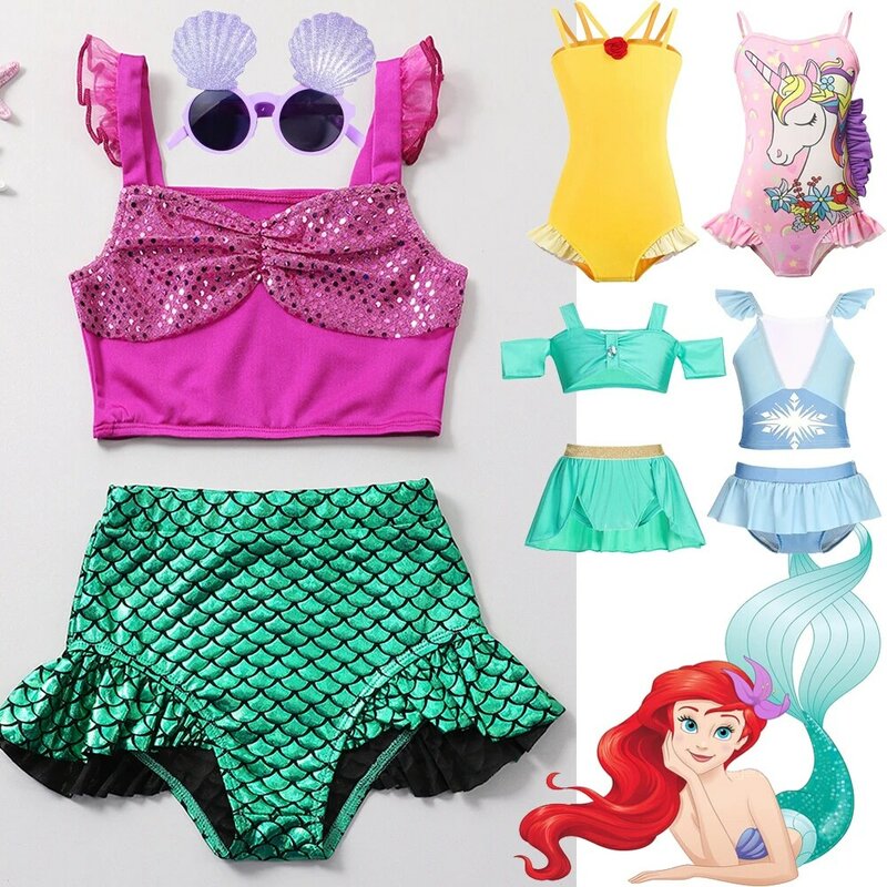 Купальник-Русалка для девочек, стильное пляжное бикини принцессы, детский купальный костюм для маленькой девочки, Морской Костюм с очками, детский купальный костюм Диснея