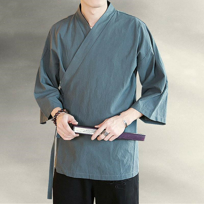 Кимоно в японском стиле Харадзюку для мужчин, льняная рубашка в стиле ретро, уличная одежда, кардиган, традиционная блуза с открытым стежком