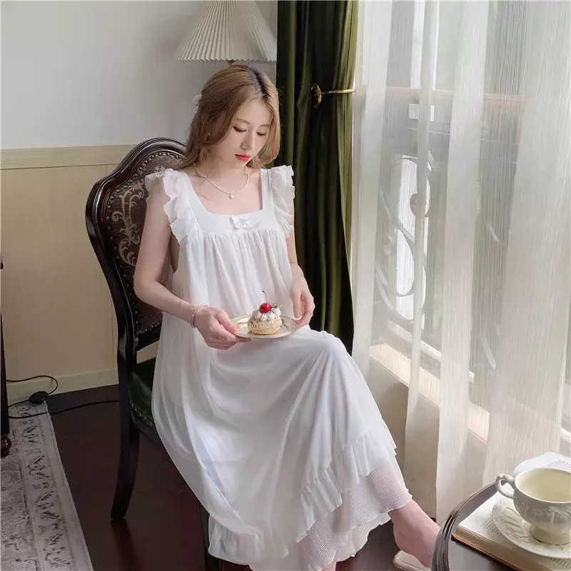 Женская ночная рубашка без рукавов, однотонная Милая Ночная рубашка во французском стиле, платье принцессы, винтажная одежда для сна для женщин 2024