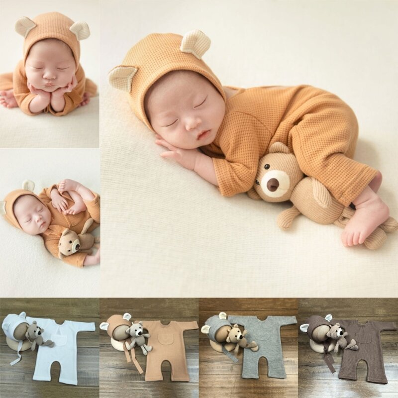 Y1UB accesorios fotografía recién nacido, trajes para niños y niñas, sombrero oso, pelele con muñeca, juguete, regalo y