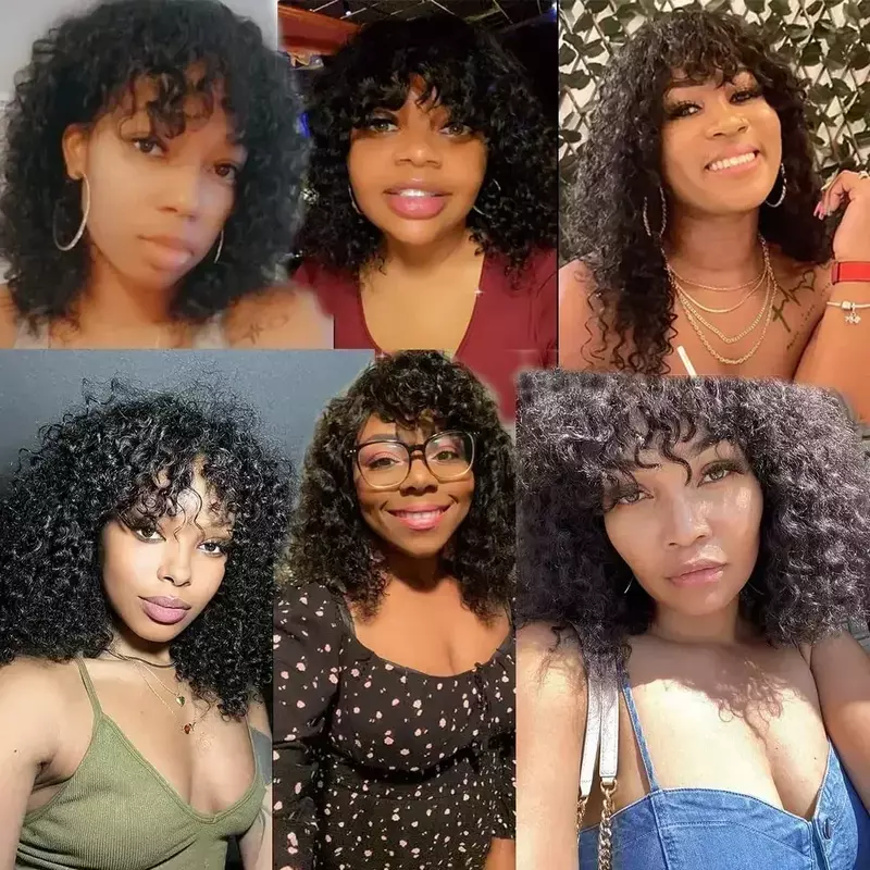Short Bob Cut Human Hair Wigs With Bangs 180% Density Jerry Curly Glueless Wig Highlight Honey Water Wave Wigs Natural Black