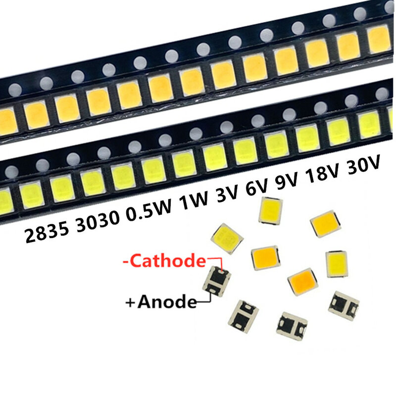 SMD LED Branco Beads Light, Warm Surface Mount, PCB Emitting Diode Lamp, 2835 Chips, 0.5W, 1W, 3V, 6V, 9V, 18V, 36V, 140lm, 4000k, 55 PCes