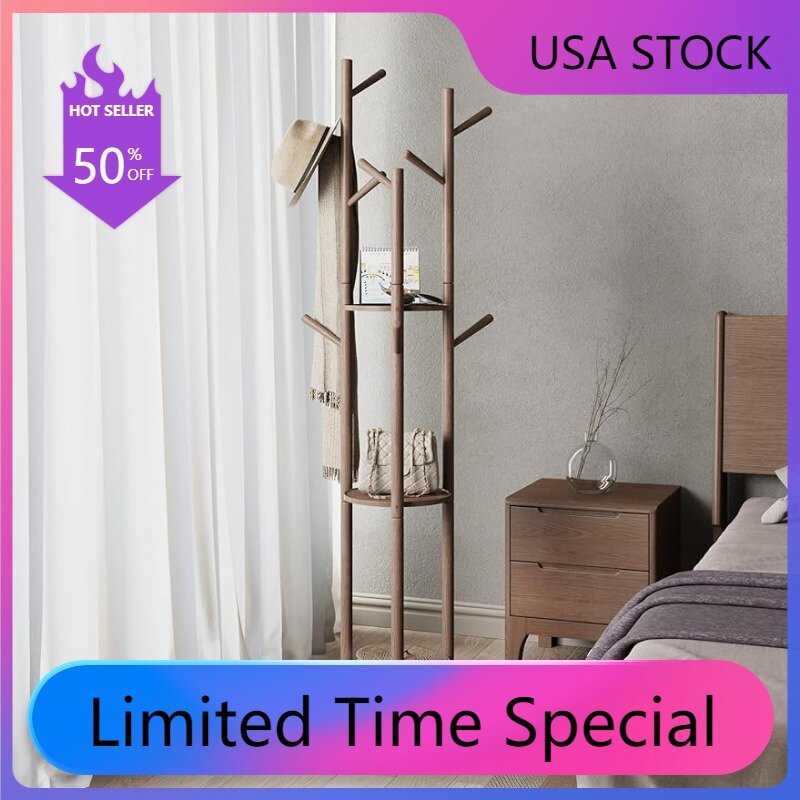 , Sturdy and Easy Assembly Coat Rack Stand for Entryway,Hallway Coat Rack Freestanding with 3 Shelves and 9 Hooks
